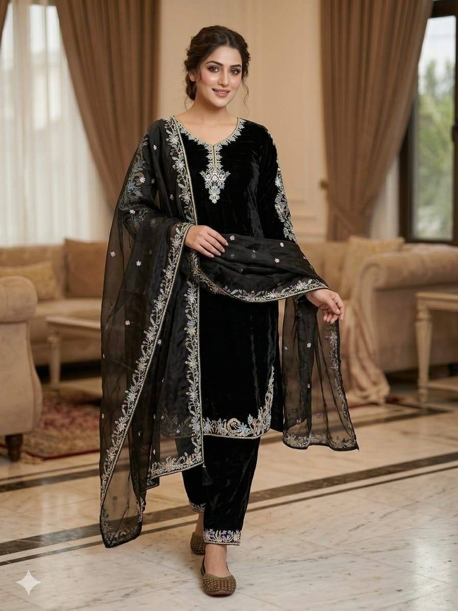Deep Obsidian Floral-Embroidered Couture